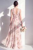 Robe longue longue de demoiselle d’honneur en chiffon abricot abricot à col en V à fleurs froncées A-Line