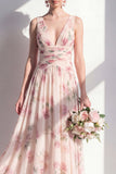 Robe longue longue de demoiselle d’honneur en chiffon abricot abricot à col en V à fleurs froncées A-Line