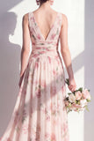 Robe longue longue de demoiselle d’honneur en chiffon abricot abricot à col en V à fleurs froncées A-Line