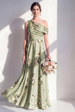 Longue robe de demoiselle d’honneur longue en satin vert sauge en ligne A sur une épaule