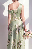Longue robe de demoiselle d’honneur longue en satin vert sauge en ligne A sur une épaule