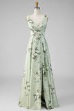 Robe longue de demoiselle d’honneur en satin vert sauge à col en V à col long avec fente