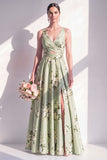 Robe longue de demoiselle d’honneur en satin vert sauge à col en V à col long avec fente
