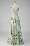Robe longue de demoiselle d’honneur en satin vert sauge à col en V à col long avec fente