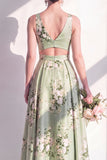 Robe longue de demoiselle d’honneur en satin vert sauge à col en V à col long avec fente