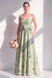 Robe longue de demoiselle d’honneur longue à motifs fleuris en satin A-line vert sauge