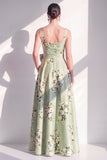 Robe longue de demoiselle d’honneur longue à motifs fleuris en satin A-line vert sauge