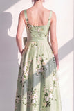 Robe longue de demoiselle d’honneur longue à motifs fleuris en satin A-line vert sauge