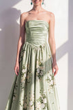 Robe longue de demoiselle d’honneur longue en satin en satin vert sauge à rafales