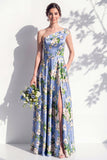 Robe de demoiselle d’honneur bleue fleurie A Line à une épaule avec fente