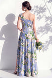 Robe de demoiselle d’honneur bleue fleurie A Line à une épaule avec fente