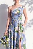 Robe de demoiselle d’honneur bleue fleurie A Line à une épaule avec fente