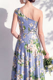 Robe de demoiselle d’honneur bleue fleurie A Line à une épaule avec fente