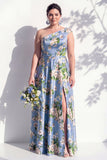 Robe de demoiselle d’honneur bleue fleurie A Line à une épaule avec fente