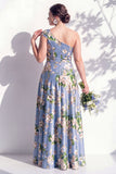 Robe de demoiselle d’honneur bleue fleurie A Line à une épaule avec fente