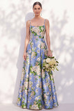 Robe de demoiselle d’honneur à bretelles florales bleues A Line