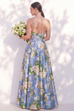 Robe de demoiselle d’honneur à bretelles florales bleues A Line