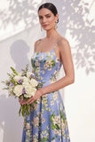 Robe de demoiselle d’honneur à bretelles florales bleues A Line