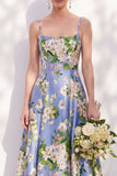 Robe de demoiselle d’honneur à bretelles florales bleues A Line