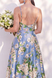 Robe de demoiselle d’honneur à bretelles florales bleues A Line