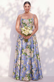Robe de demoiselle d’honneur à bretelles florales bleues A Line