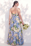 Robe de demoiselle d’honneur à bretelles florales bleues A Line