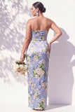 Robe de demoiselle d’honneur bleue fleurie froncée bleue sans bretelles avec fente