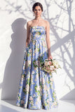 Robe de demoiselle d’honneur bleue fleurie A Line Strapless