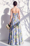 Robe de demoiselle d’honneur bleue fleurie A Line Strapless