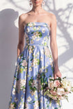 Robe de demoiselle d’honneur bleue fleurie A Line Strapless