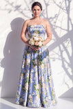 Robe de demoiselle d’honneur bleue fleurie A Line Strapless