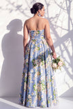Robe de demoiselle d’honneur bleue fleurie A Line Strapless