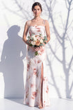 Robe de demoiselle d’honneur à bretelles fines florales rouge ivoire avec fente