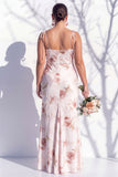 Robe de demoiselle d’honneur à bretelles fines florales rouge ivoire avec fente