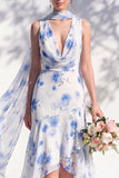 Robe de demoiselle d’honneur à col V en sirène florale verte avec écharpe