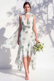 Robe de demoiselle d’honneur à col V en sirène florale verte avec écharpe