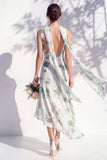 Robe de demoiselle d’honneur à col V en sirène florale verte avec écharpe