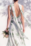 Robe de demoiselle d’honneur à col V en sirène florale verte avec écharpe