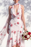 Robe de demoiselle d’honneur à col V en sirène florale verte avec écharpe