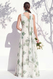 Robe de demoiselle d’honneur verte fleurale A Line à une épaule avec fente