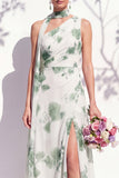 Robe de demoiselle d’honneur verte fleurale A Line à une épaule avec fente