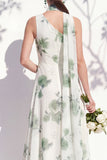 Robe de demoiselle d’honneur verte fleurale A Line à une épaule avec fente