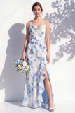 Robe de demoiselle d’honneur à col à capuche à volants fleuris bleus
