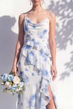 Robe de demoiselle d’honneur à col à capuche à volants fleuris bleus