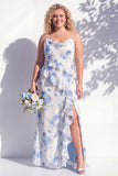 Robe de demoiselle d’honneur à col à capuche à volants fleuris bleus