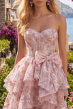 Robe de rentrée à la maison avec corset rose A-Line Sweetheart et nœud