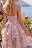 Robe de rentrée à la maison avec corset rose A-Line Sweetheart et nœud