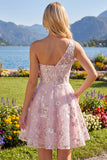 Robe rose de fin d’année rose à une épaule à fleurs
