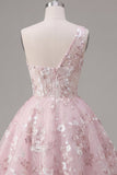 Robe rose de fin d’année rose à une épaule à fleurs