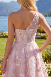 Robe rose de fin d’année rose à une épaule à fleurs